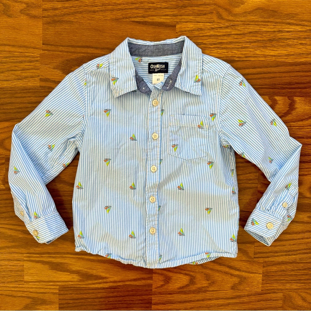 OshKosh B’Gosh Toddler Boys 5T Button Up Long Sleeve Shirt Nautical Sailboat EUC